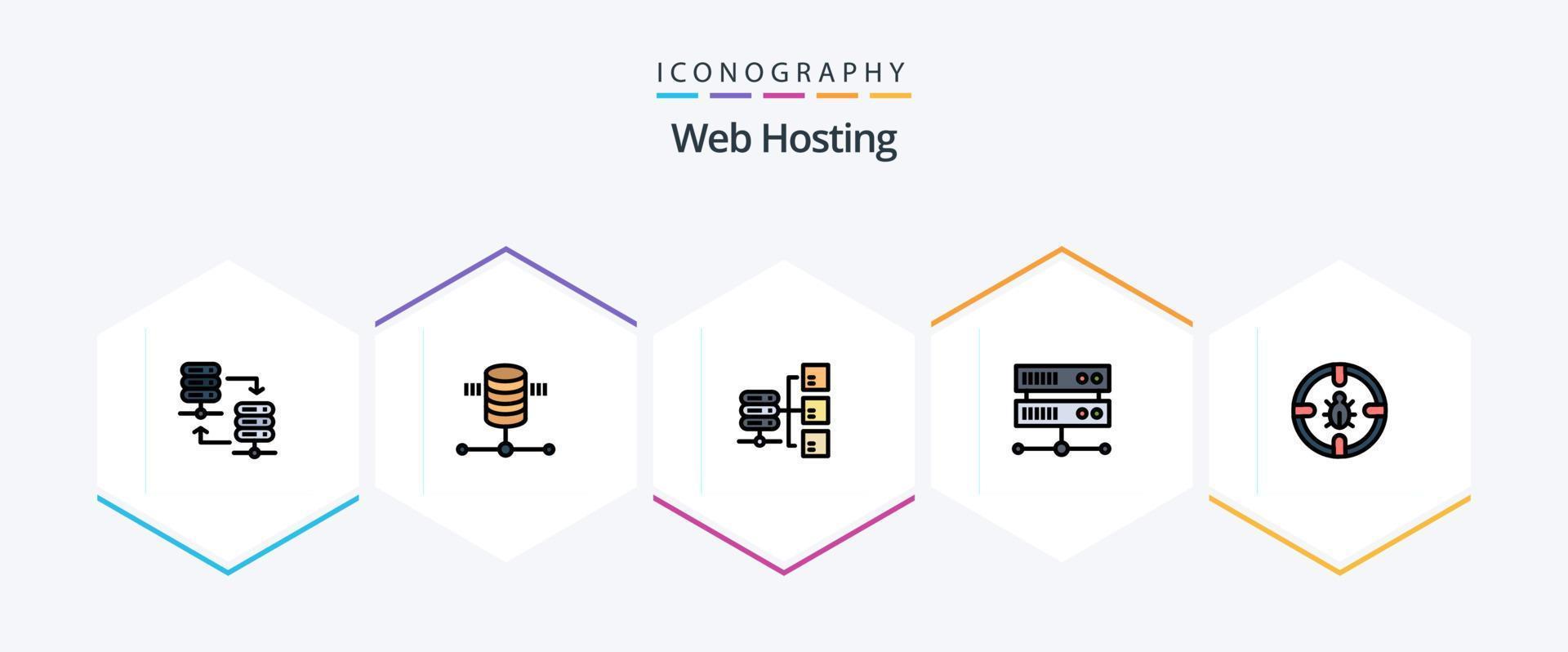 Web Hosting 25 FilledLine icon pack including network. bug. network. hosting center. data center vector