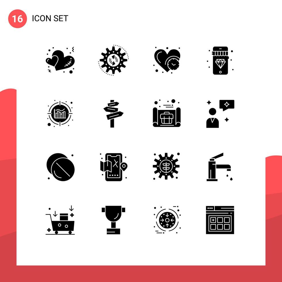 Mobile Interface Solid Glyph Set of 16 Pictograms of data jewelry work diamond time Editable Vector Design Elements