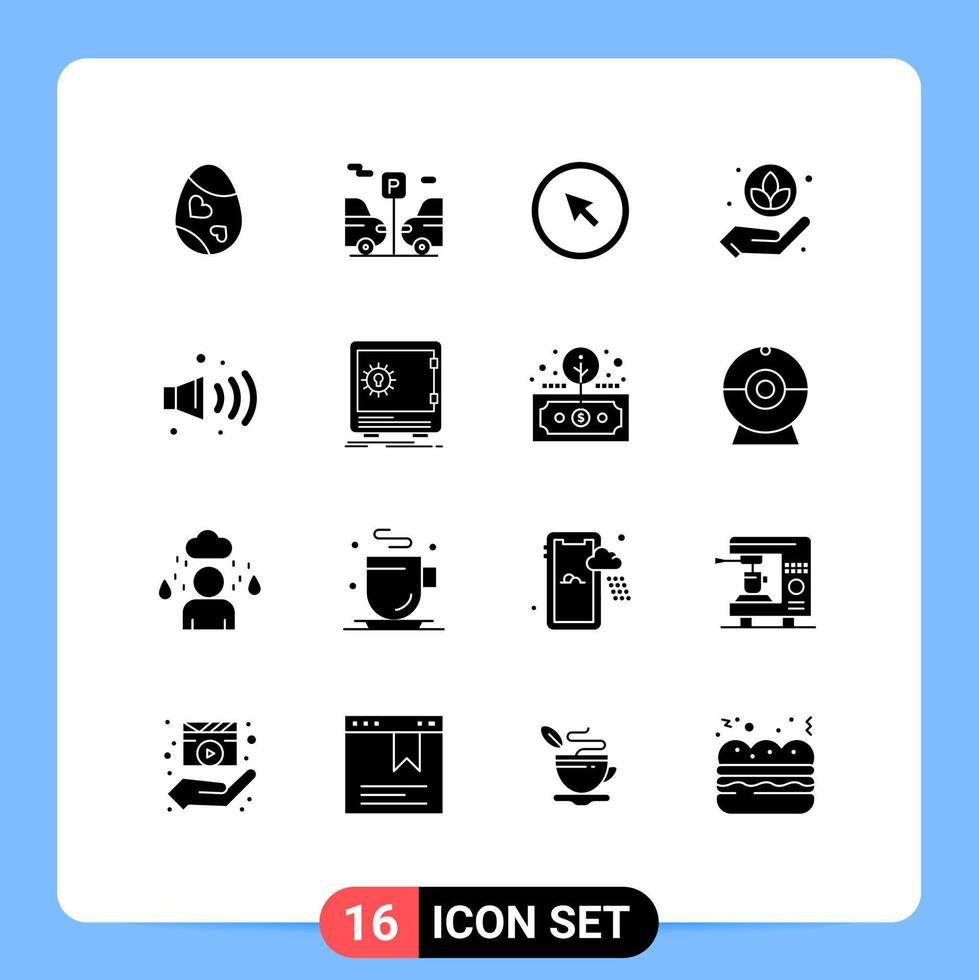 paquete de 16 signos y símbolos de glifos sólidos modernos para medios de impresión web, como elementos de diseño de vectores editables de puntero de cuidado de clic de loto de ruido