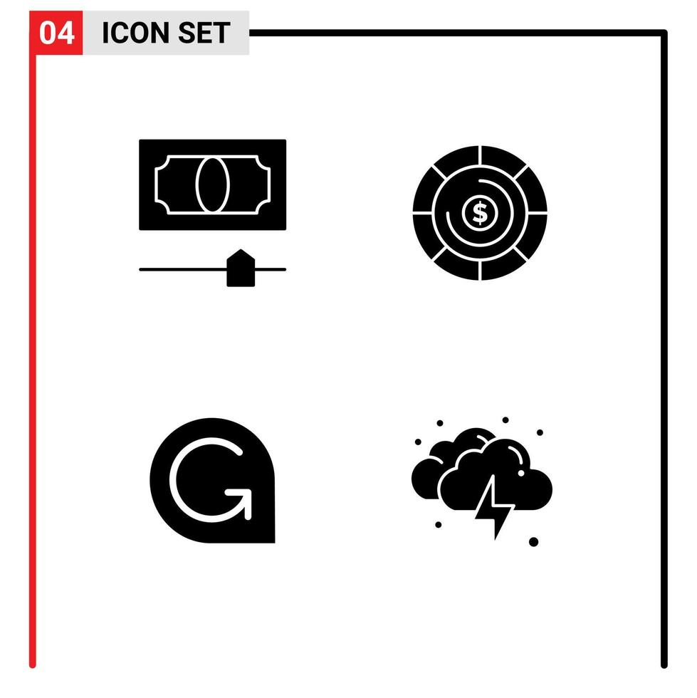 Mobile Interface Solid Glyph Set of 4 Pictograms of cash crypto currency budget game credits lightning Editable Vector Design Elements
