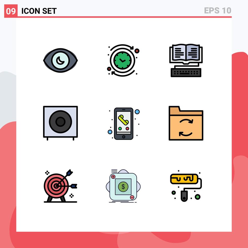 Mobile Interface Filledline Flat Color Set of 9 Pictograms of subwoofer electronics time devices key Editable Vector Design Elements