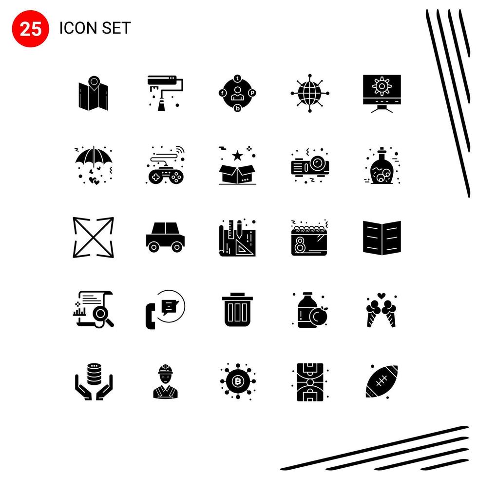 Modern Set of 25 Solid Glyphs and symbols such as computer network roller internet media Editable Vector Design Elements