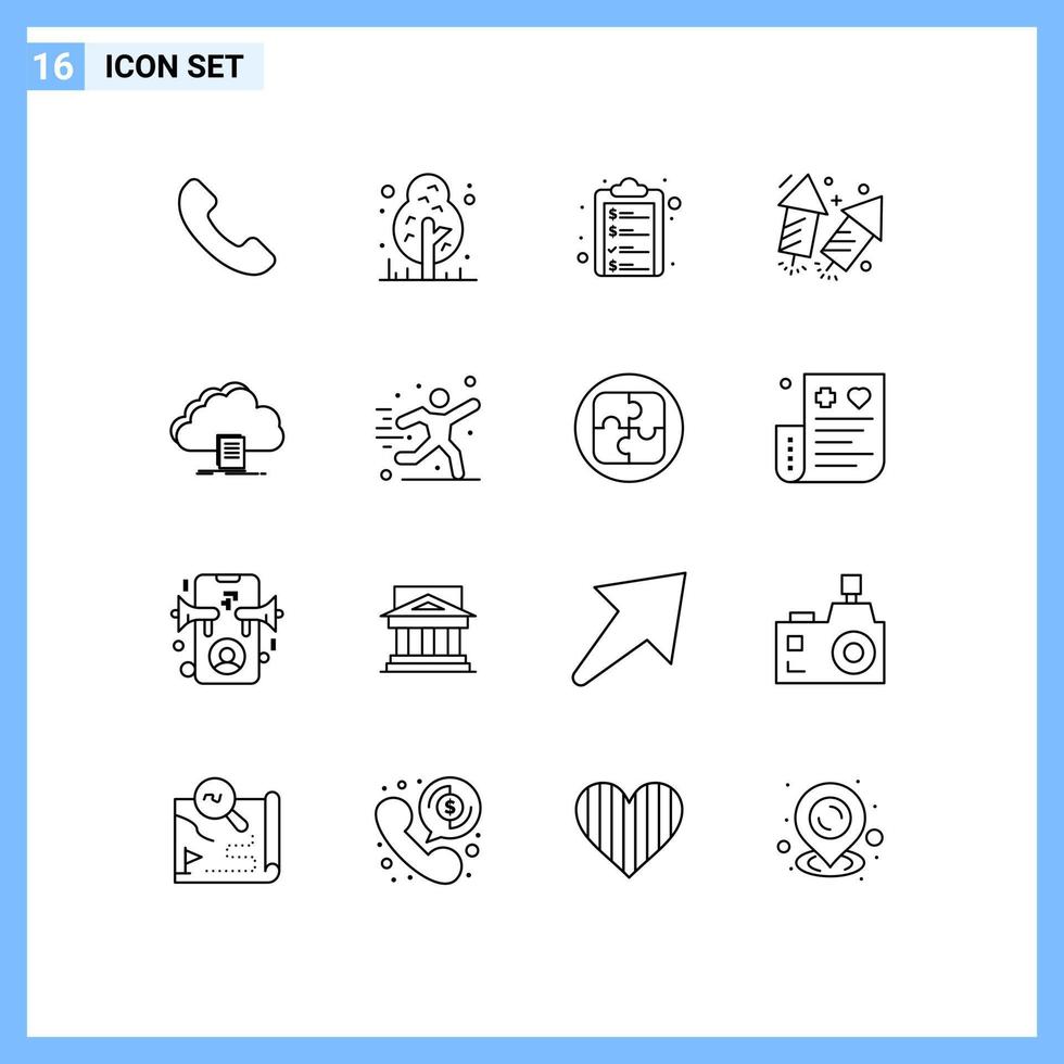 Group of 16 Modern Outlines Set for document cloud clipboard fire love Editable Vector Design Elements