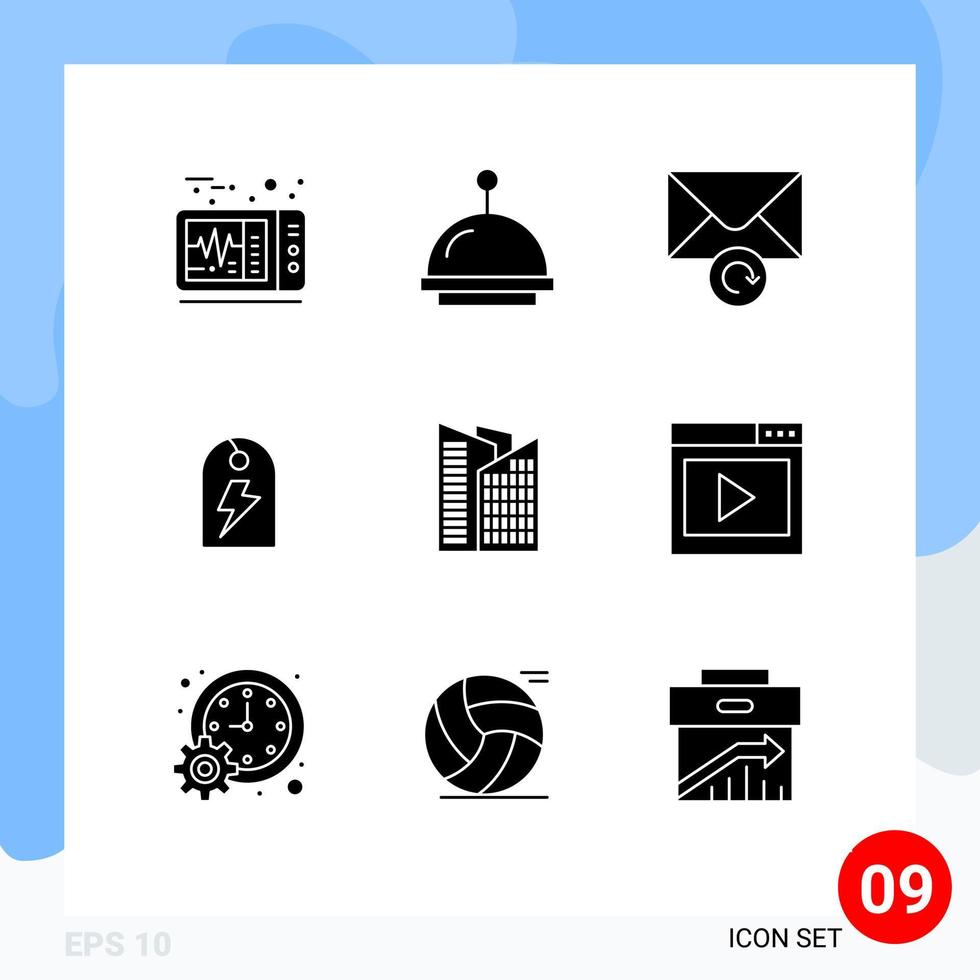 Set of 9 Modern UI Icons Symbols Signs for interface media skyscraper retry office energy Editable Vector Design Elements