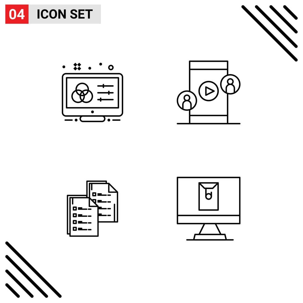 paquete de 4 modernos signos y símbolos de colores planos de línea rellena para medios de impresión web, como elementos de diseño de vectores editables de datos de conferencias de control de documentos creativos