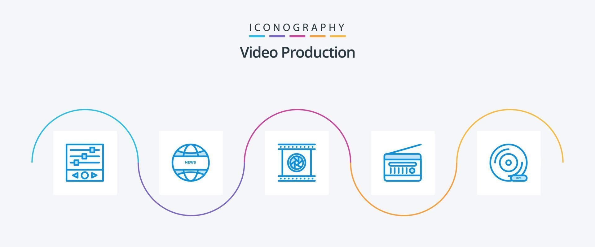 paquete de iconos azul 5 de producción de video que incluye receptor de radio. Radio FM. transmisión de audio. objetivo fotográfico vector