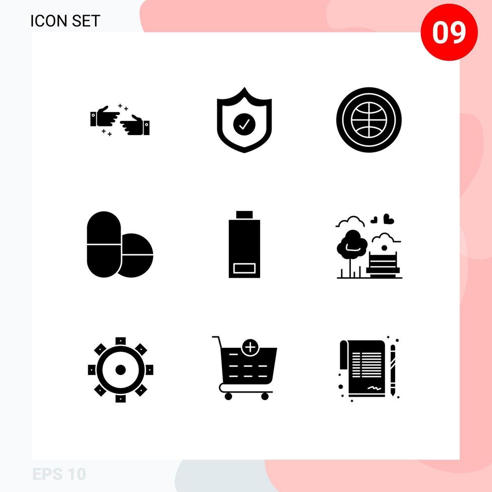 Set of 9 Vector Solid Glyphs on Grid for park multimedia interface battery pills Editable Vector Design Elements