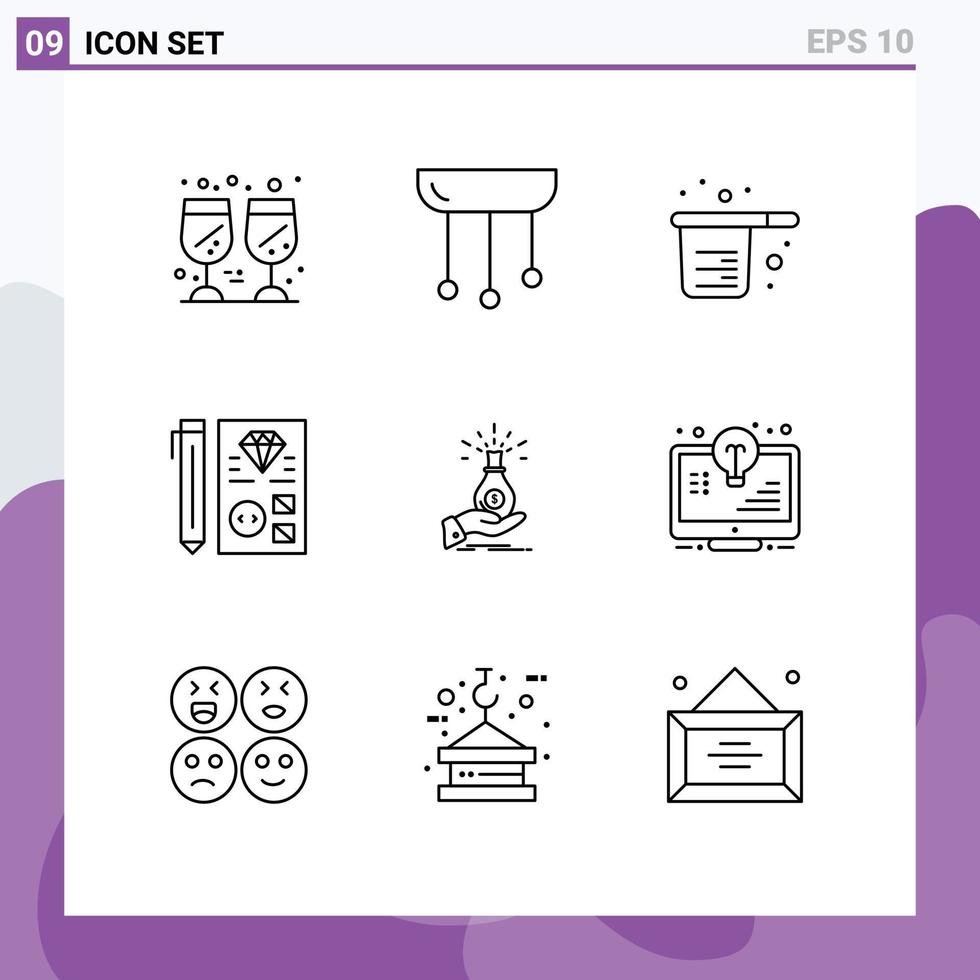 paquete de 9 signos y símbolos de contornos modernos para medios de impresión web, como la planificación, el desarrollo de copas de codificación ligera, elementos de diseño de vectores editables