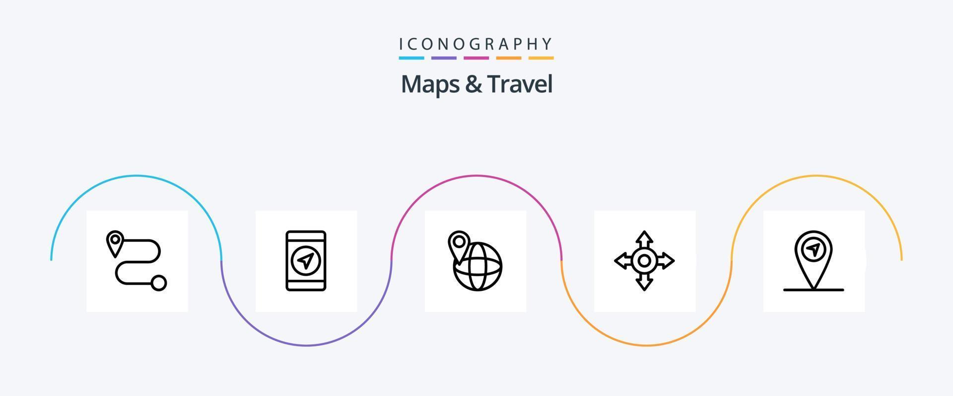 mapas y paquete de iconos de la línea de viaje 5 que incluye. GPS. vector