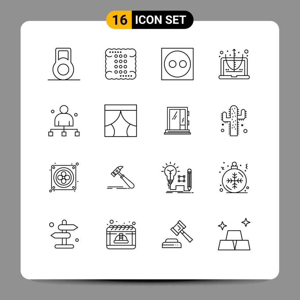 Pack of 16 Modern Outlines Signs and Symbols for Web Print Media such as head chief plug captain equation Editable Vector Design Elements