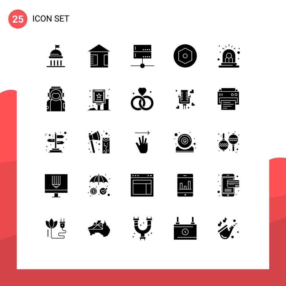 grupo de 25 signos y símbolos de glifos sólidos para datos de alarma de peligro atornillar elementos de diseño de vectores editables internos