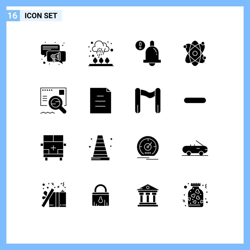 Set of 16 Commercial Solid Glyphs pack for document find alert email science Editable Vector Design Elements