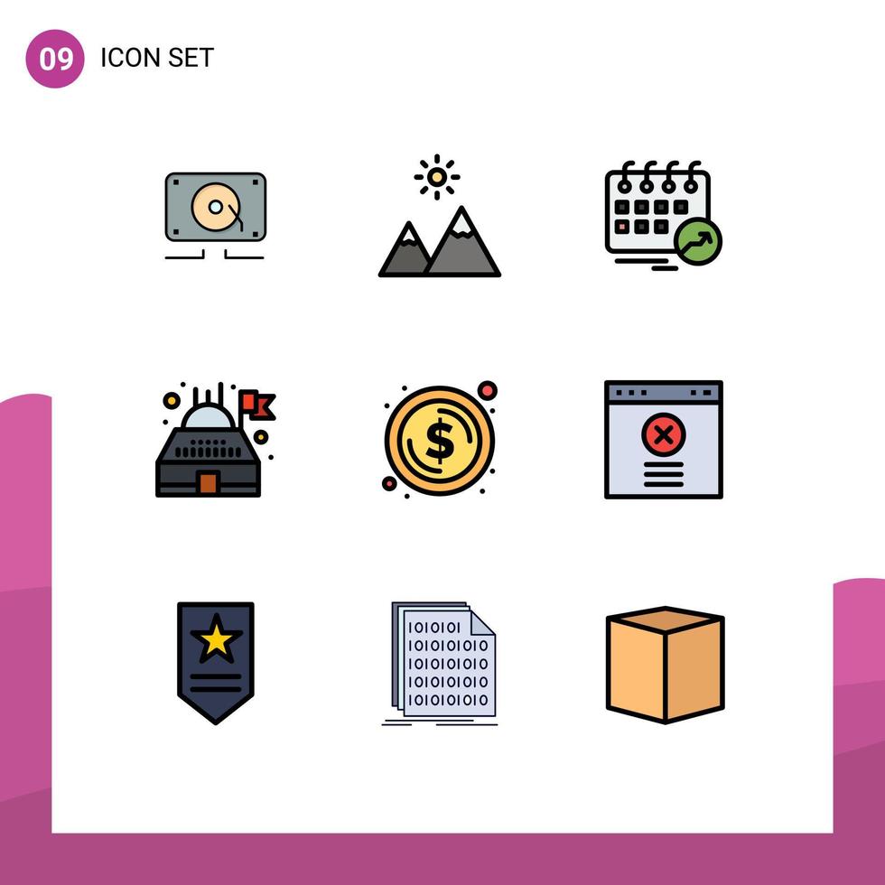9 User Interface Filledline Flat Color Pack of modern Signs and Symbols of coin planetarium appointment observatory arrow Editable Vector Design Elements