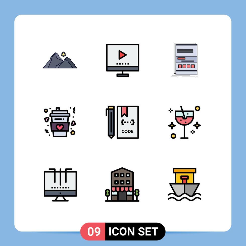 Set of 9 Commercial Filledline Flat Colors pack for drink coffee tv responsive internet Editable Vector Design Elements