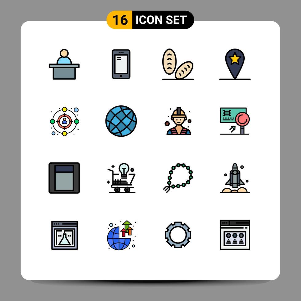 Modern Set of 16 Flat Color Filled Lines and symbols such as communication customer baguette audience location Editable Creative Vector Design Elements