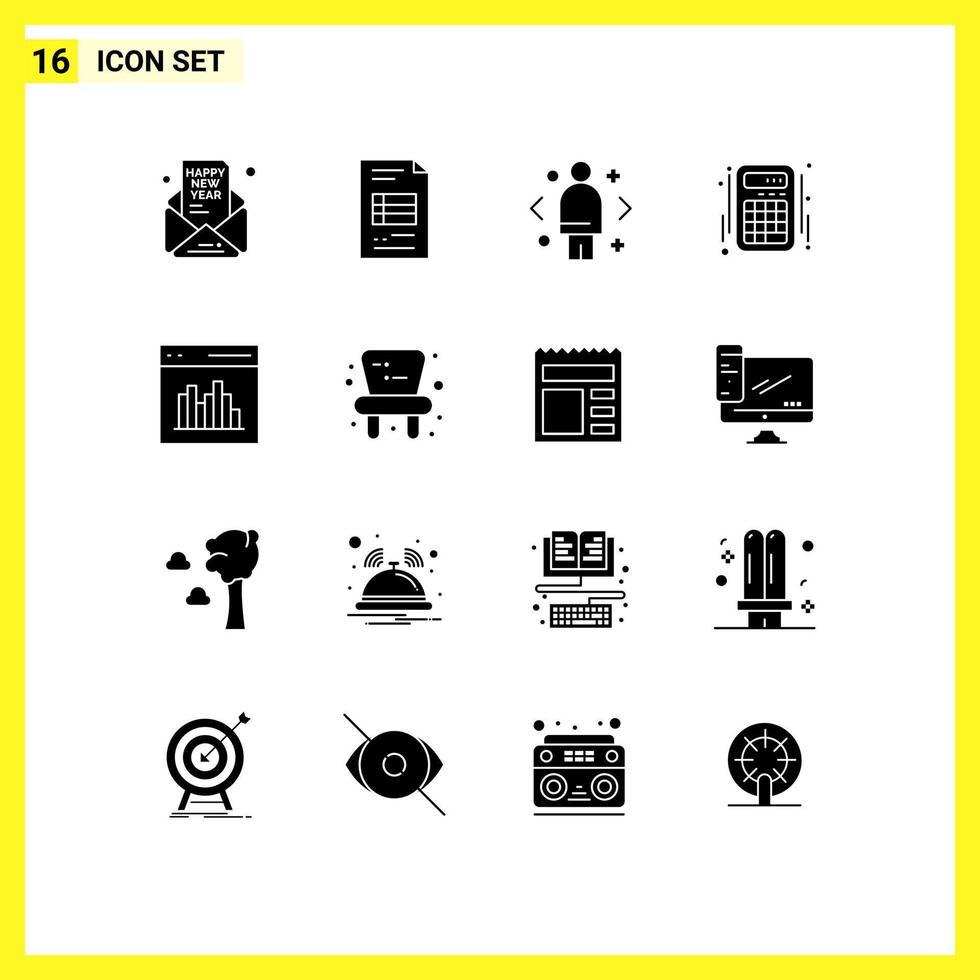 Pack of 16 Modern Solid Glyphs Signs and Symbols for Web Print Media such as accounts interaction business calculator direction Editable Vector Design Elements