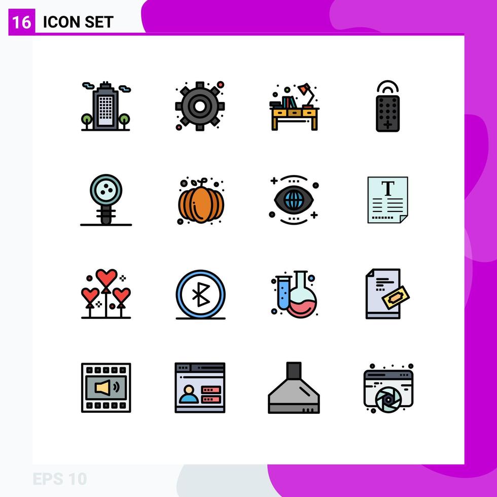 16 líneas llenas de color plano universal signos símbolos de conocimiento biología luz control de televisión elementos de diseño de vectores creativos editables