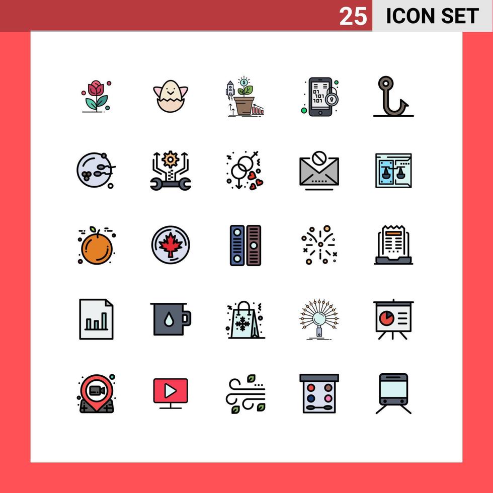 Pictogram Set of 25 Simple Filled line Flat Colors of hook fish growth mobile encryption Editable Vector Design Elements
