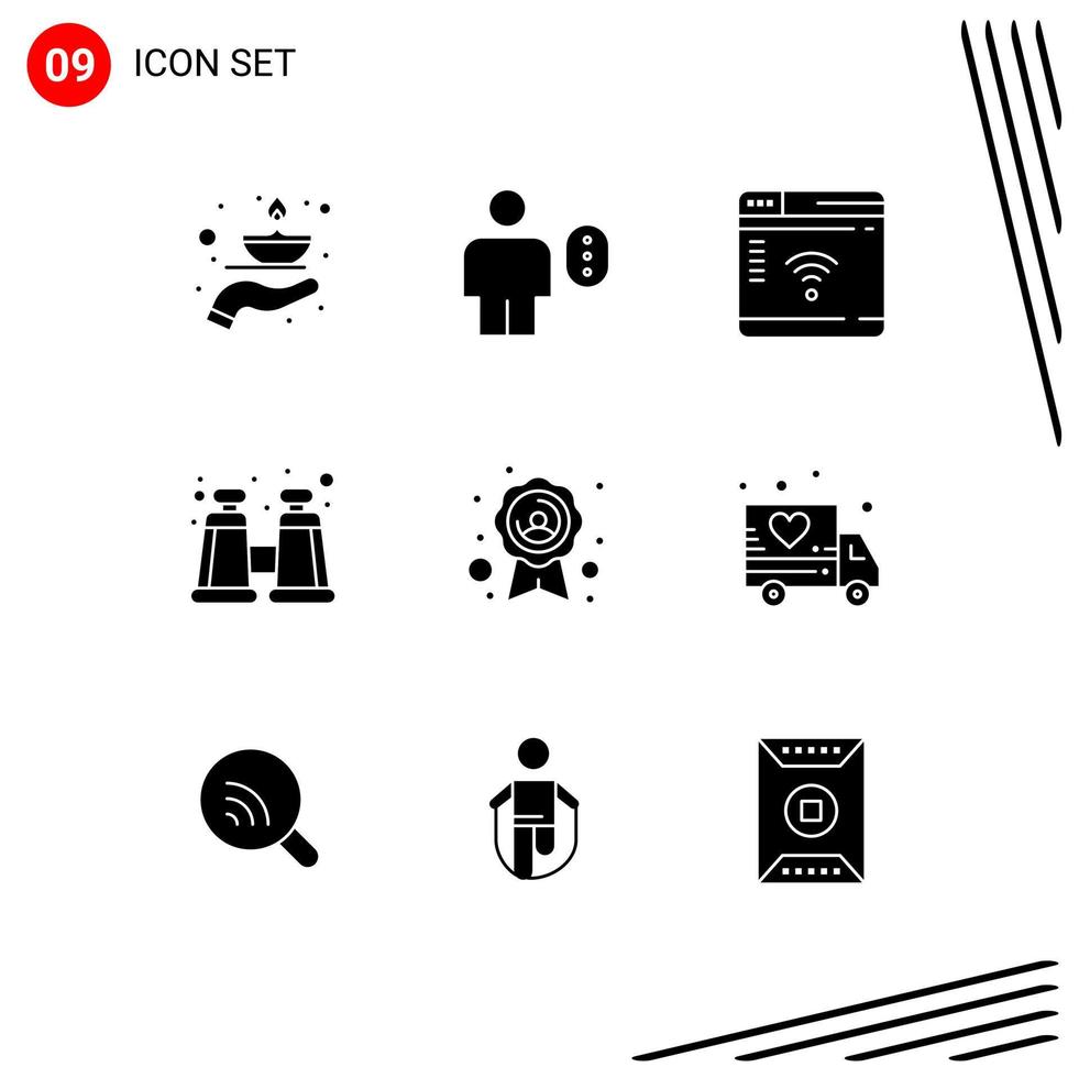 Universal Icon Symbols Group of 9 Modern Solid Glyphs of badge explore human binocular router Editable Vector Design Elements