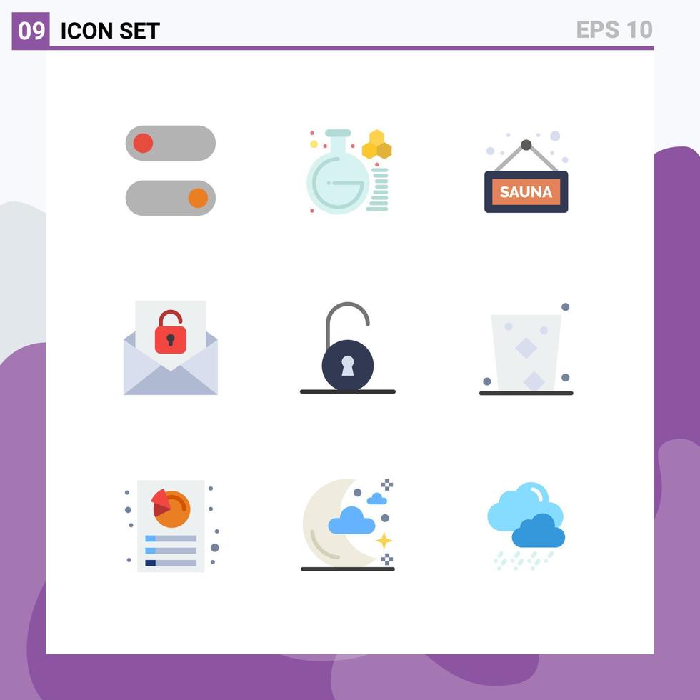 paquete de 9 signos y símbolos de colores planos modernos para medios de impresión web como candado desbloqueado sauna desbloquear correo electrónico elementos de diseño de vectores editables
