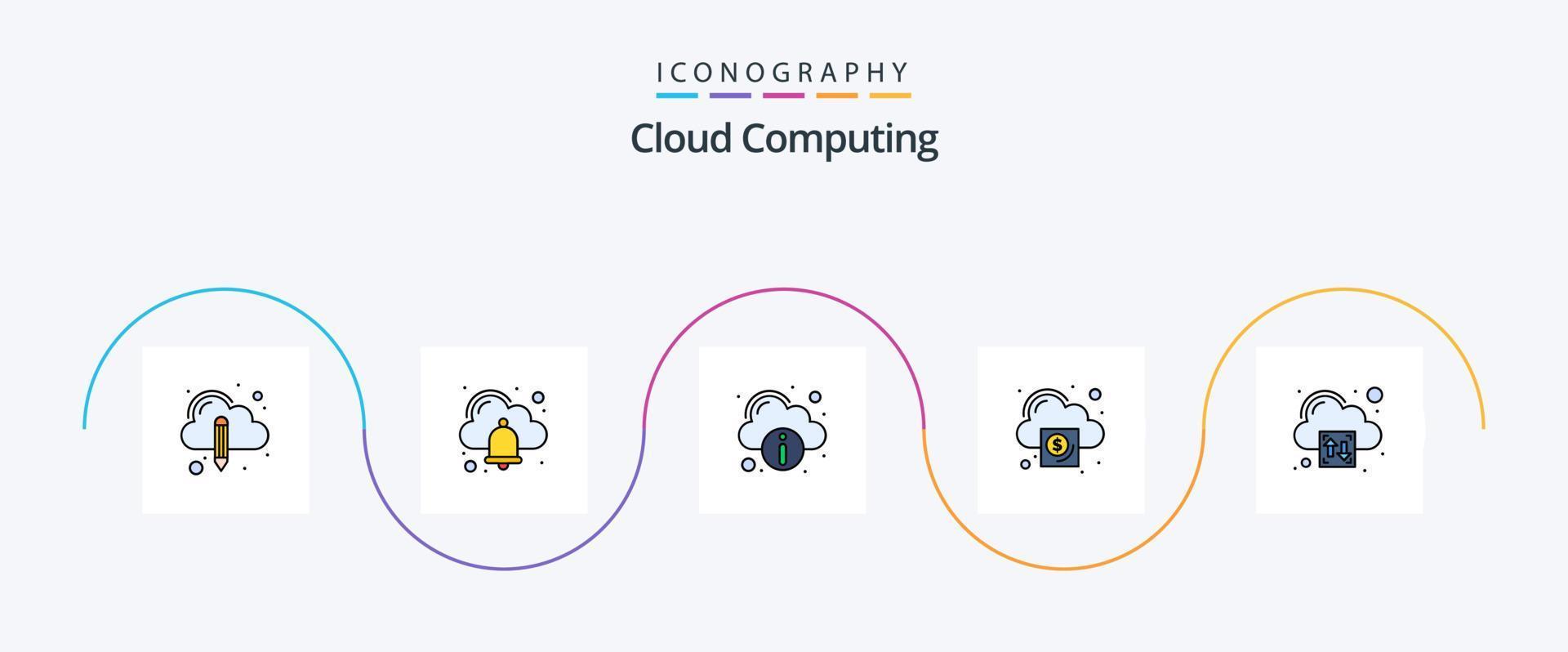 la línea de computación en la nube llenó el paquete de iconos planos 5 que incluye la carga. descargar. información nube vector