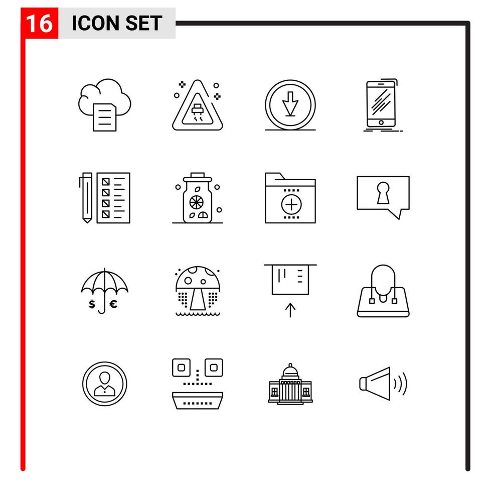 conjunto de esquema de interfaz móvil de 16 pictogramas de verificación de teléfono abajo elementos de diseño de vector editable móvil de teléfono inteligente