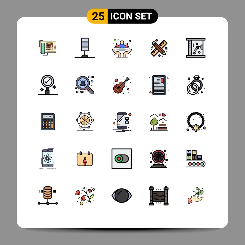 paquete de 25 modernos signos y símbolos de colores planos de línea rellena para medios de impresión web, como lápiz de cáncer de baño y regla, elementos de diseño de vectores editables de regreso a la escuela