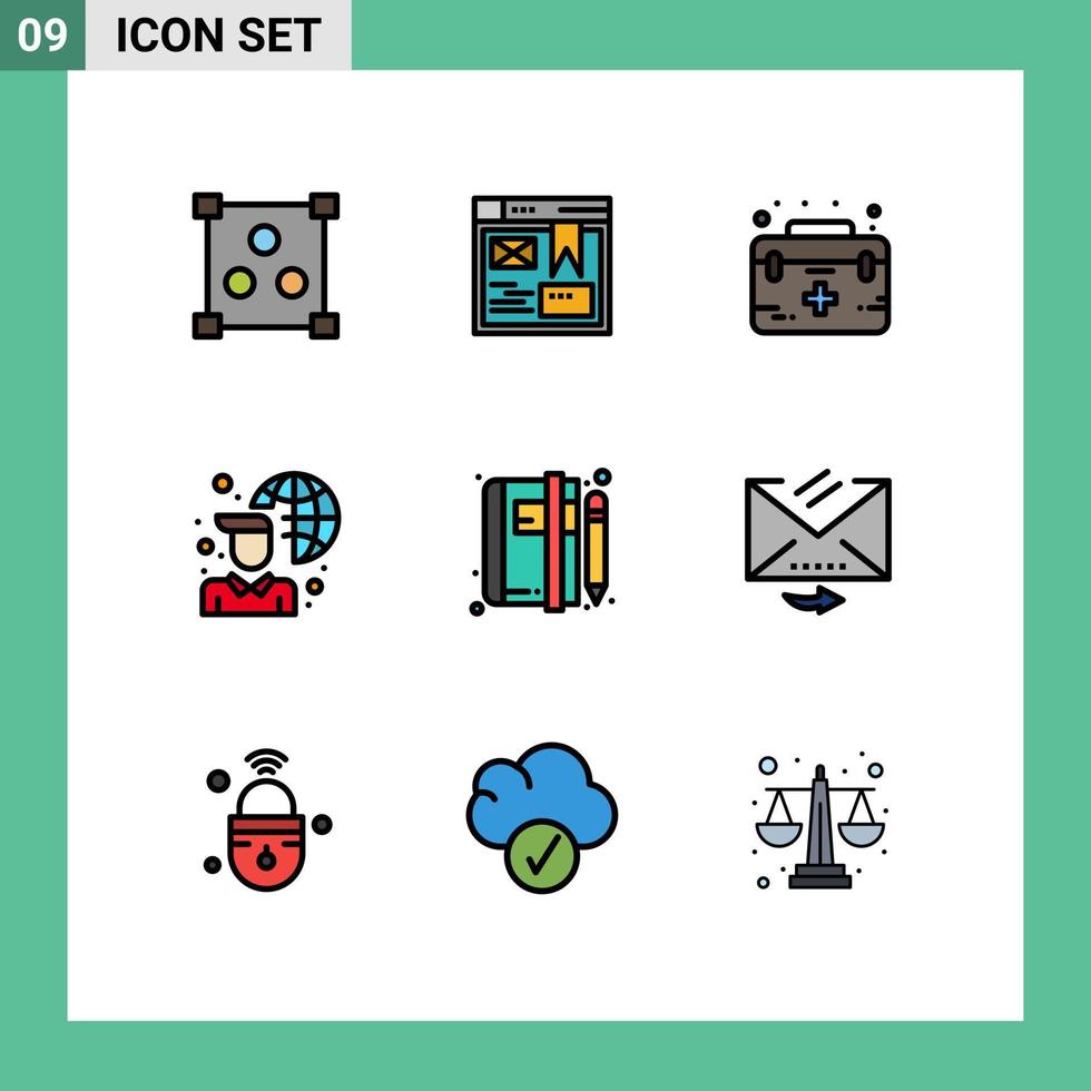 paquete de 9 signos y símbolos modernos de colores planos de línea de relleno para medios de impresión web, como elementos de diseño de vectores editables de Internet de caja de red de libros