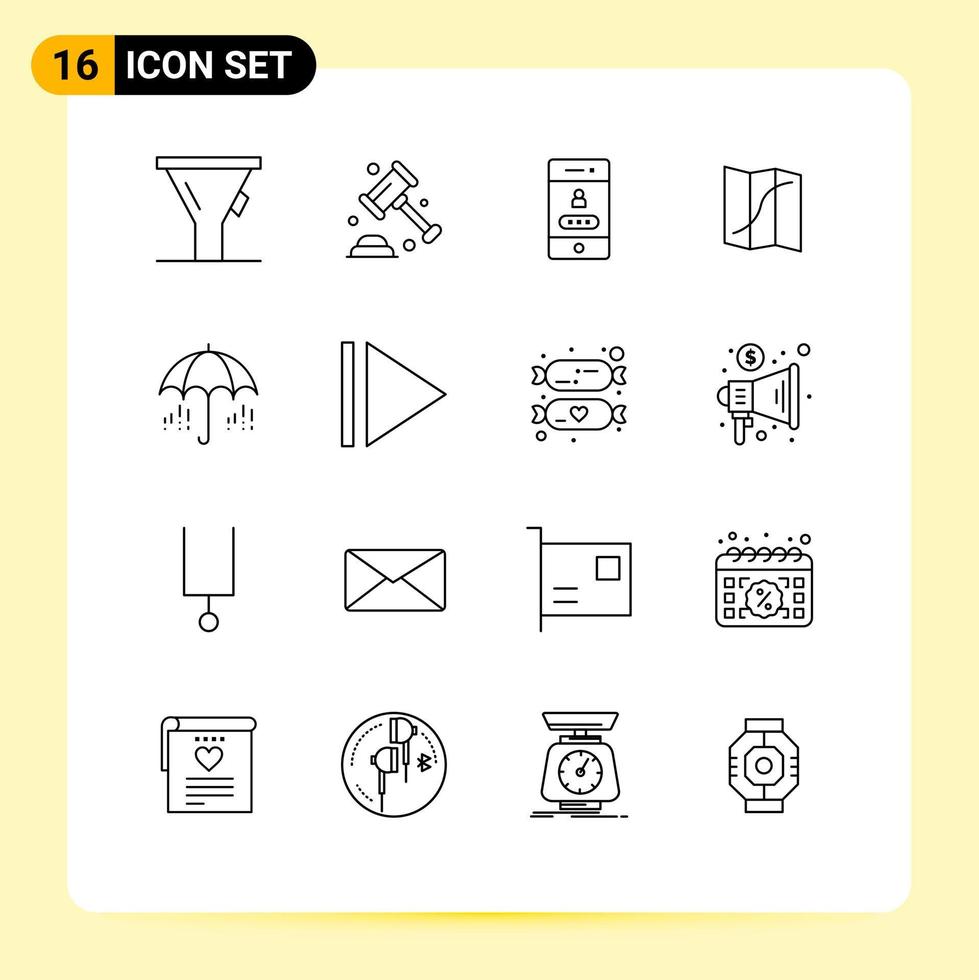 Pack of 16 Modern Outlines Signs and Symbols for Web Print Media such as weather umbrella lock pin location Editable Vector Design Elements