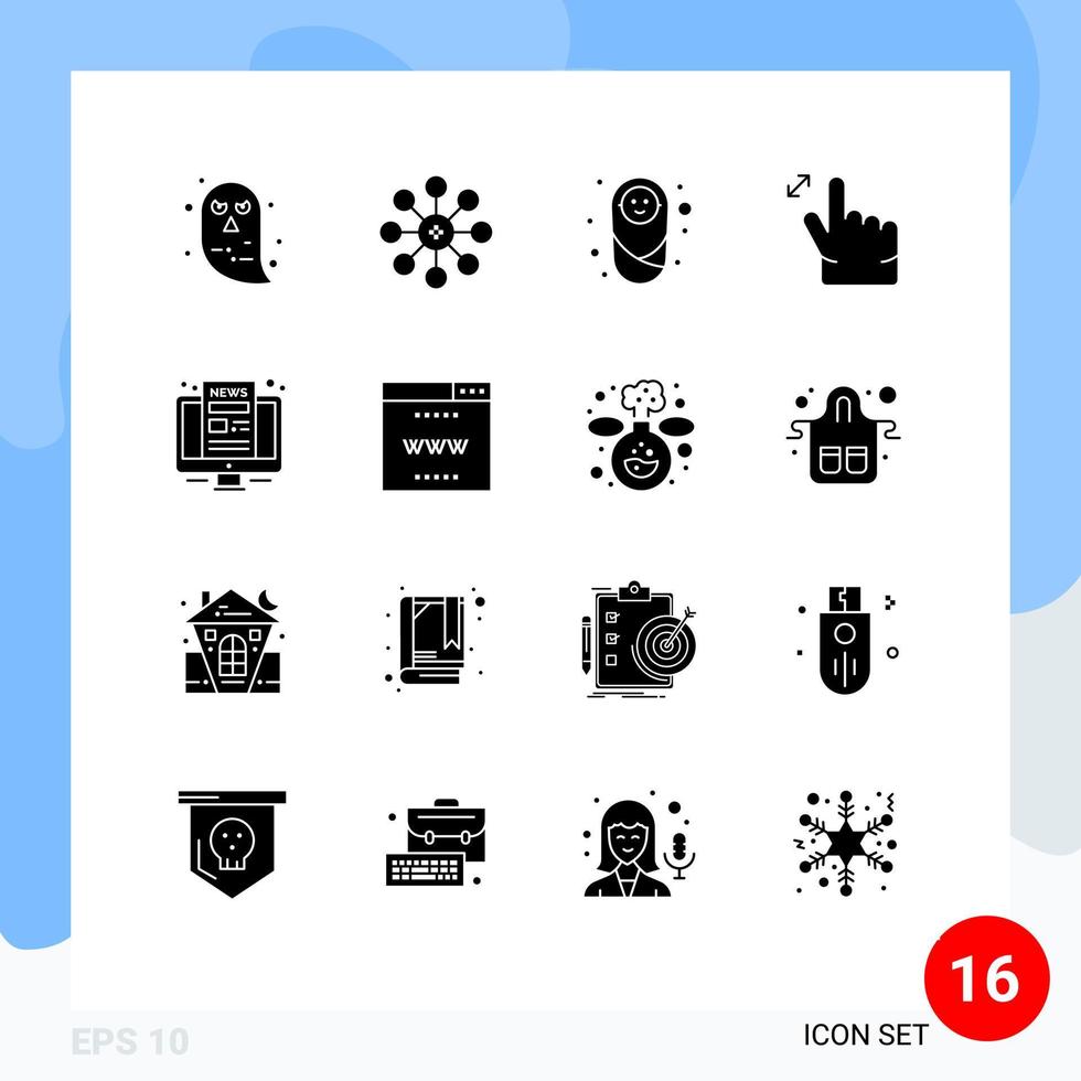 grupo universal de símbolos de icono de 16 glifos sólidos modernos de elementos de diseño vectorial editables de gesto de zoom de bebé de computadora de noticias vector