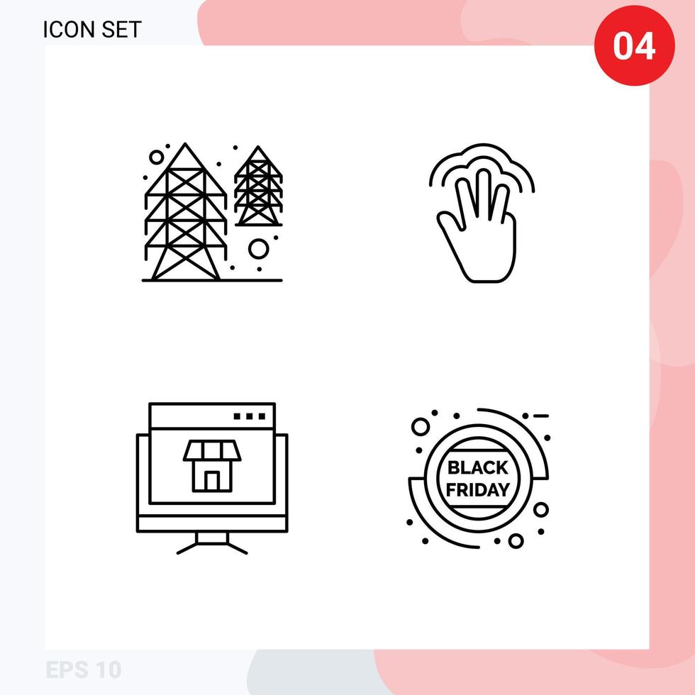 Pack of 4 creative Filledline Flat Colors of electricity computer supply hand marketplace Editable Vector Design Elements