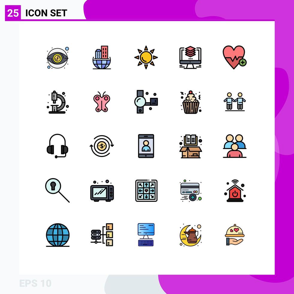 grupo de 25 colores planos de línea llena modernos establecidos para elementos de diseño vectorial editables de diseño de computadora de playa duplicada de latido cardíaco vector