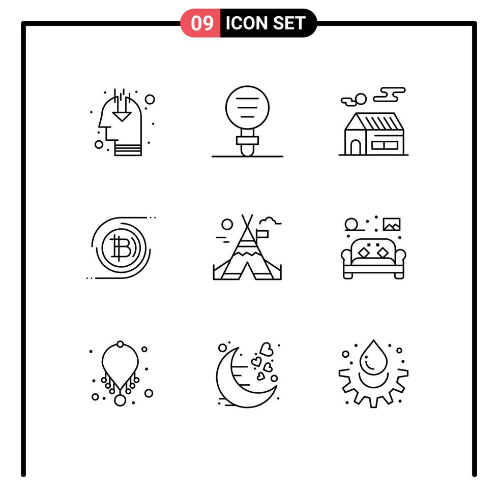 Group of 9 Outlines Signs and Symbols for decentralized blockchain research bitcoin real estate Editable Vector Design Elements