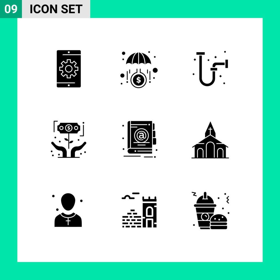 Group of 9 Modern Solid Glyphs Set for money investment investment growth pipe Editable Vector Design Elements
