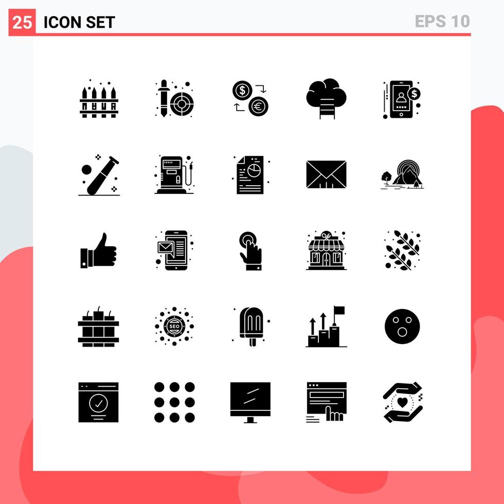 25 User Interface Solid Glyph Pack of modern Signs and Symbols of career money exchange financial euro Editable Vector Design Elements