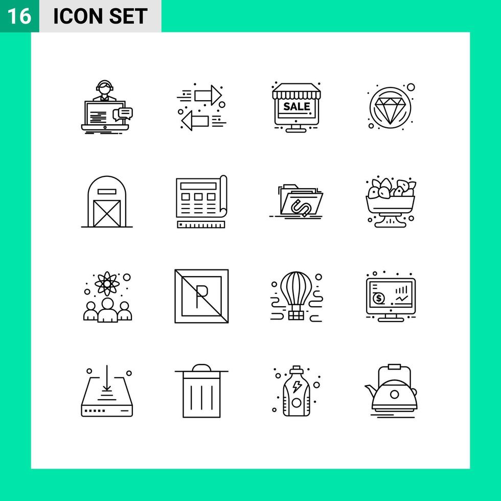 conjunto moderno de 16 contornos y símbolos como elementos de diseño de vectores editables de carnaval de joyería de monitor de agricultura agrícola