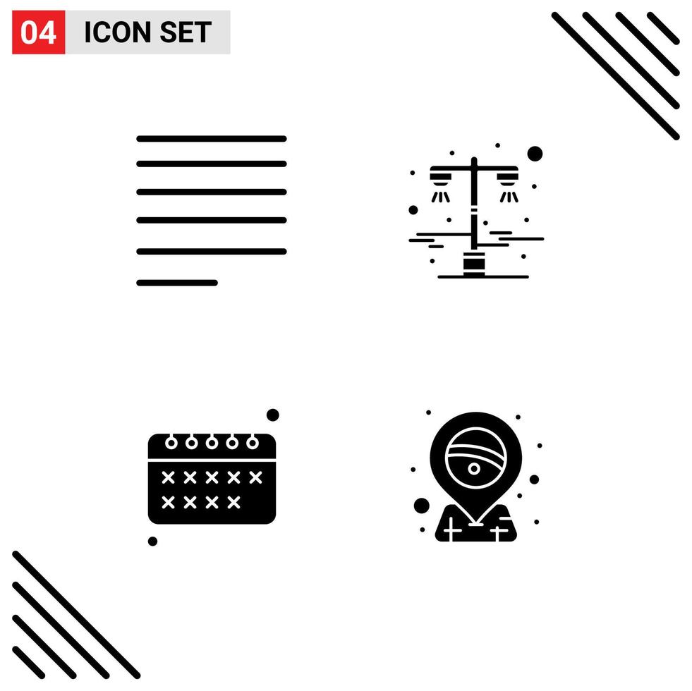 Pack of 4 creative Solid Glyphs of align calendar lamp road light carnival Editable Vector Design Elements