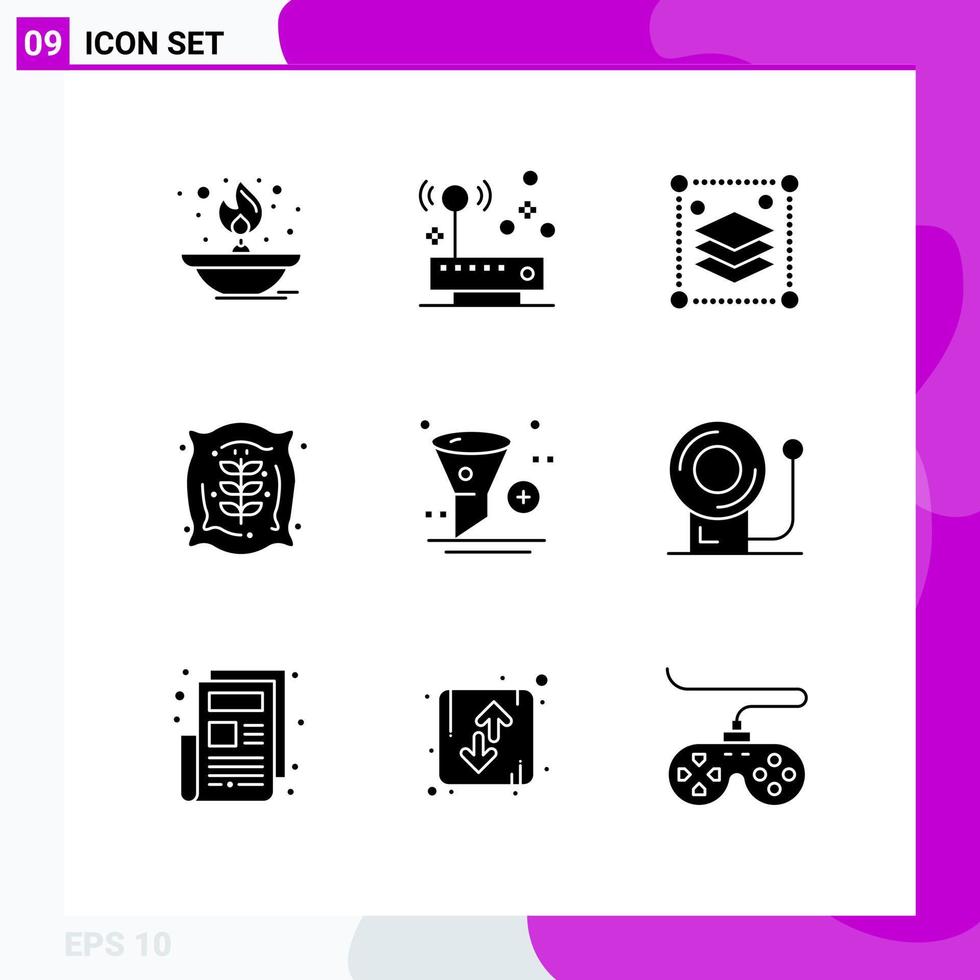 9 Universal Solid Glyphs Set for Web and Mobile Applications add corn network bag misc Editable Vector Design Elements