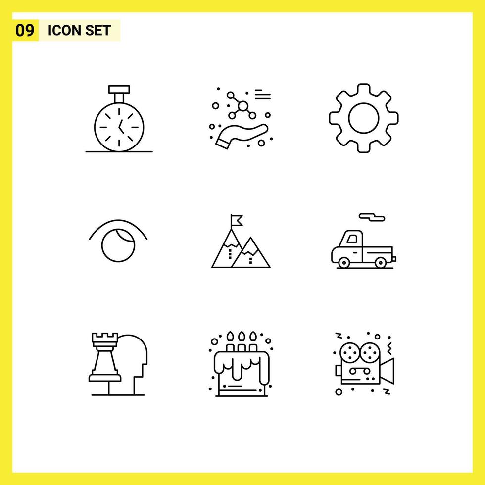 Pack of 9 Modern Outlines Signs and Symbols for Web Print Media such as achievement twitter basic watch eye Editable Vector Design Elements