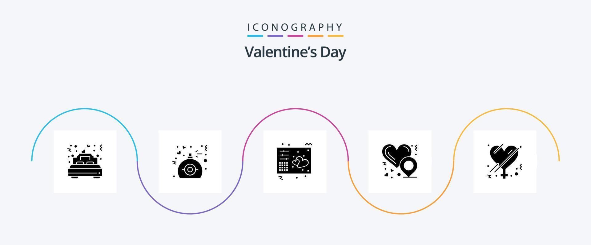 Valentines Day Glyph 5 Icon Pack Including female. love. present. heart location. midi vector