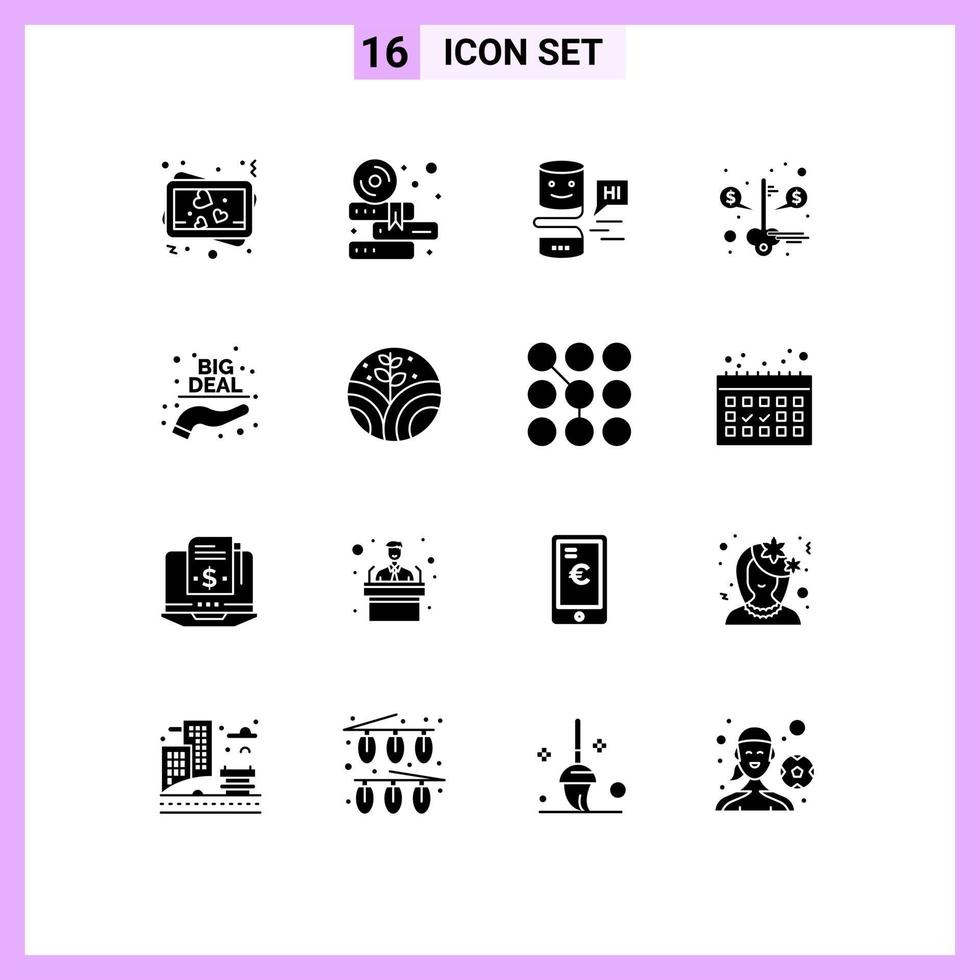 Pictogram Set of 16 Simple Solid Glyphs of hand big deal conversational success money Editable Vector Design Elements