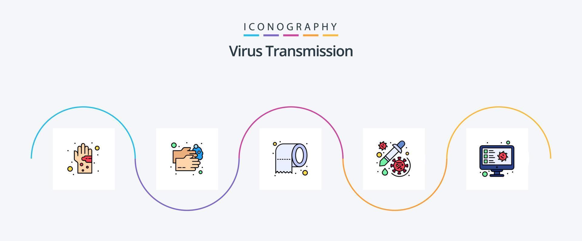 Virus Transmission Line Filled Flat 5 Icon Pack Including screening. vaccine. cleaning. dropper. drug vector