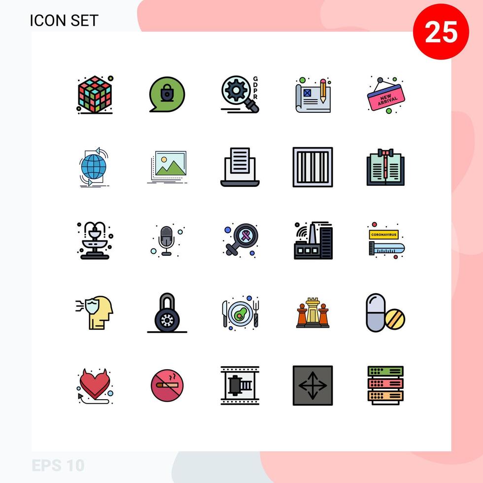Modern Set of 25 Filled line Flat Colors Pictograph of global board security shopping arrival Editable Vector Design Elements