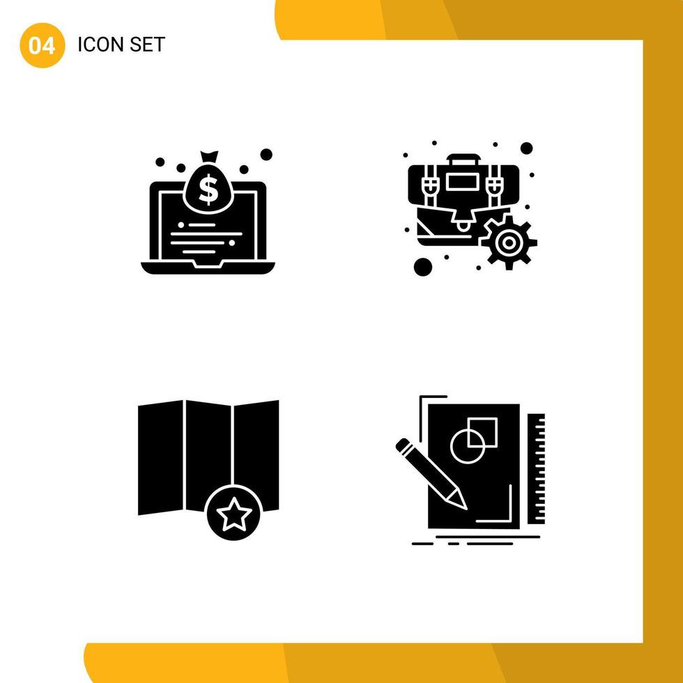 Set of 4 Vector Solid Glyphs on Grid for laptop place money gear sketch Editable Vector Design Elements