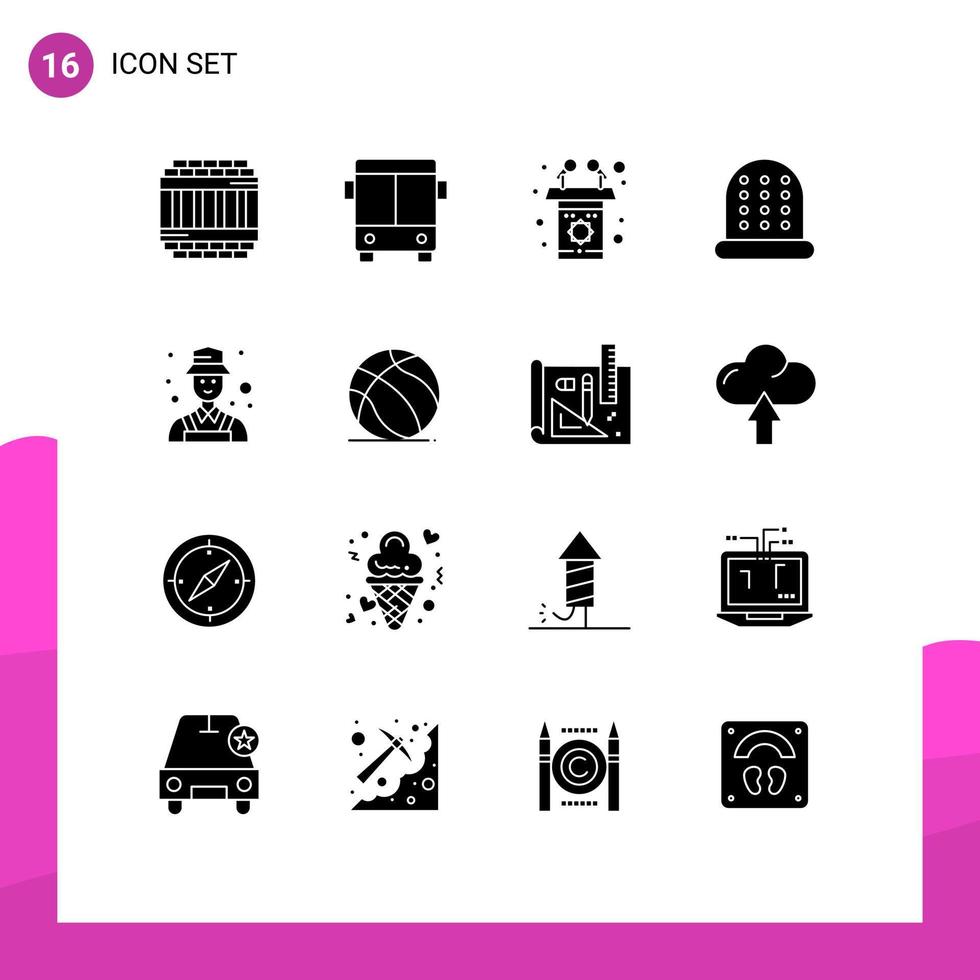 Mobile Interface Solid Glyph Set of 16 Pictograms of detect detective podium avatar sewing Editable Vector Design Elements