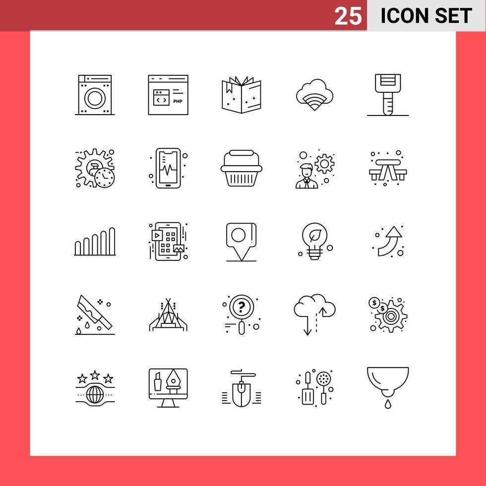 Editable Vector Line Pack of 25 Simple Lines of peeler food book signal connection Editable Vector Design Elements