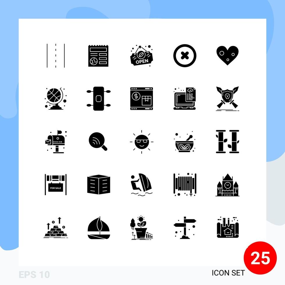 Set of 25 Vector Solid Glyphs on Grid for like heart ui play media Editable Vector Design Elements