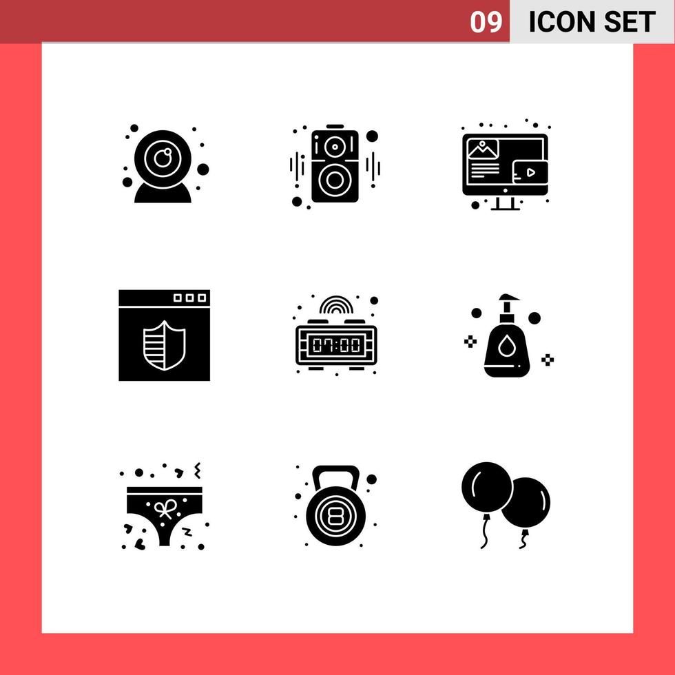 Modern Set of 9 Solid Glyphs Pictograph of cleaning digital clock content alarm shield Editable Vector Design Elements