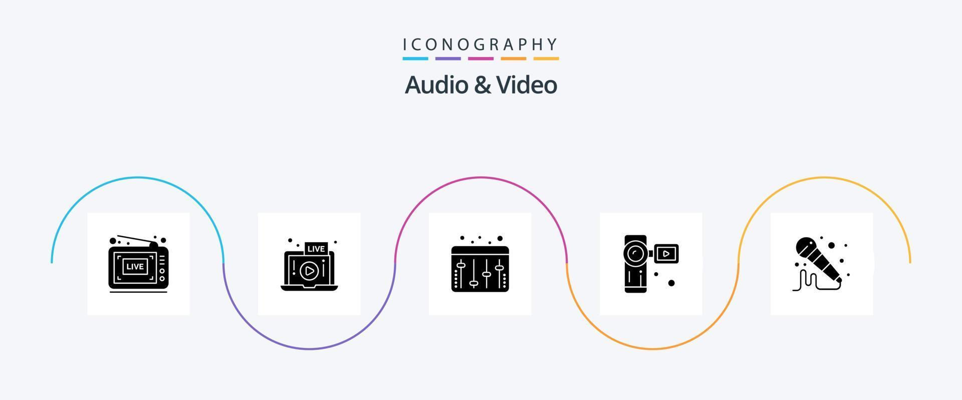 Audio And Video Glyph 5 Icon Pack Including sound. mic. adjustment. video camera. camera vector