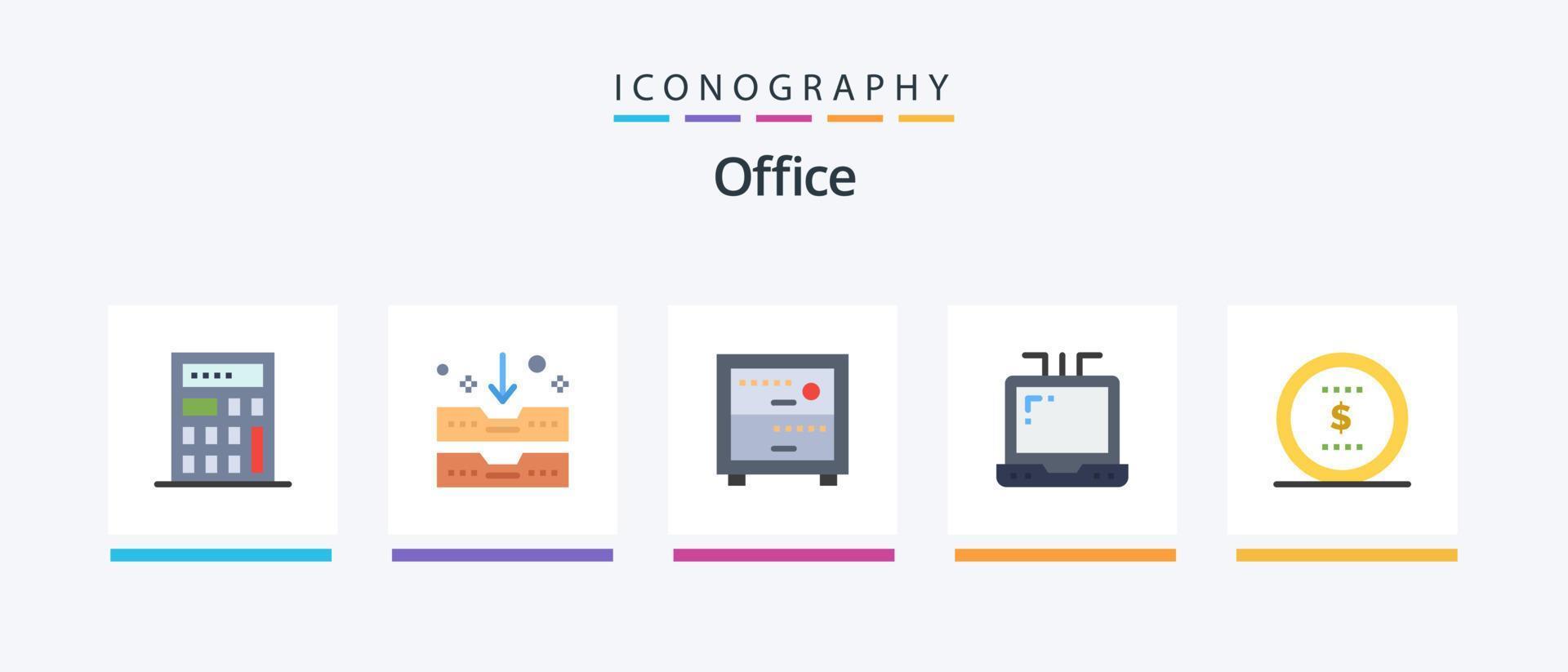 paquete de iconos de 5 planos de oficina que incluye. computadora portátil. dólar. diseño de iconos creativos vector